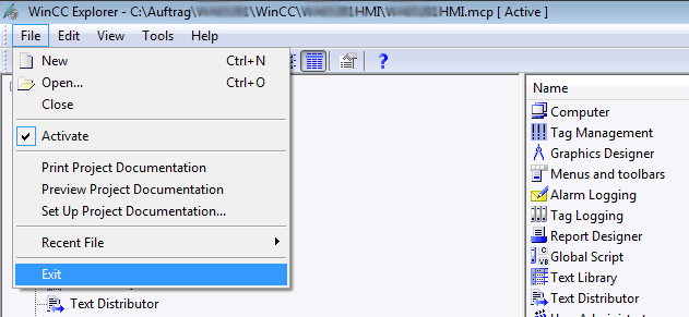 Fig. 2: Exit WinCC project and Explorer